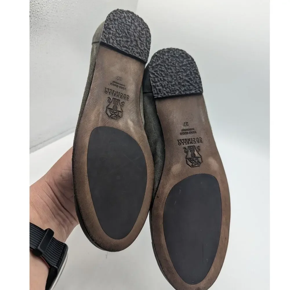 Brunello Cucinelli Flat Gray Suede Leather Cap Toe Pebbled Italy Size 37 US 7